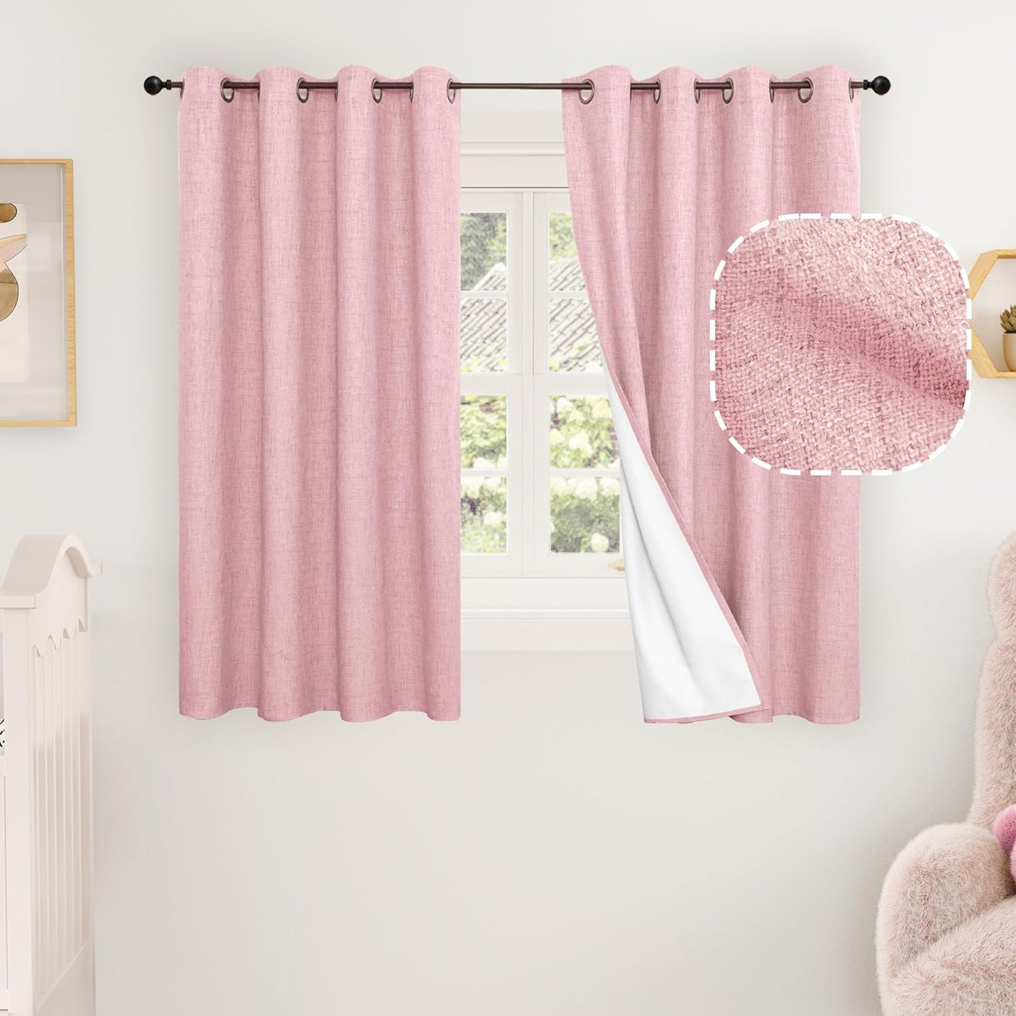 Baby Pink Linen Blackout Curtains for Nursery - 2 Panels Set
