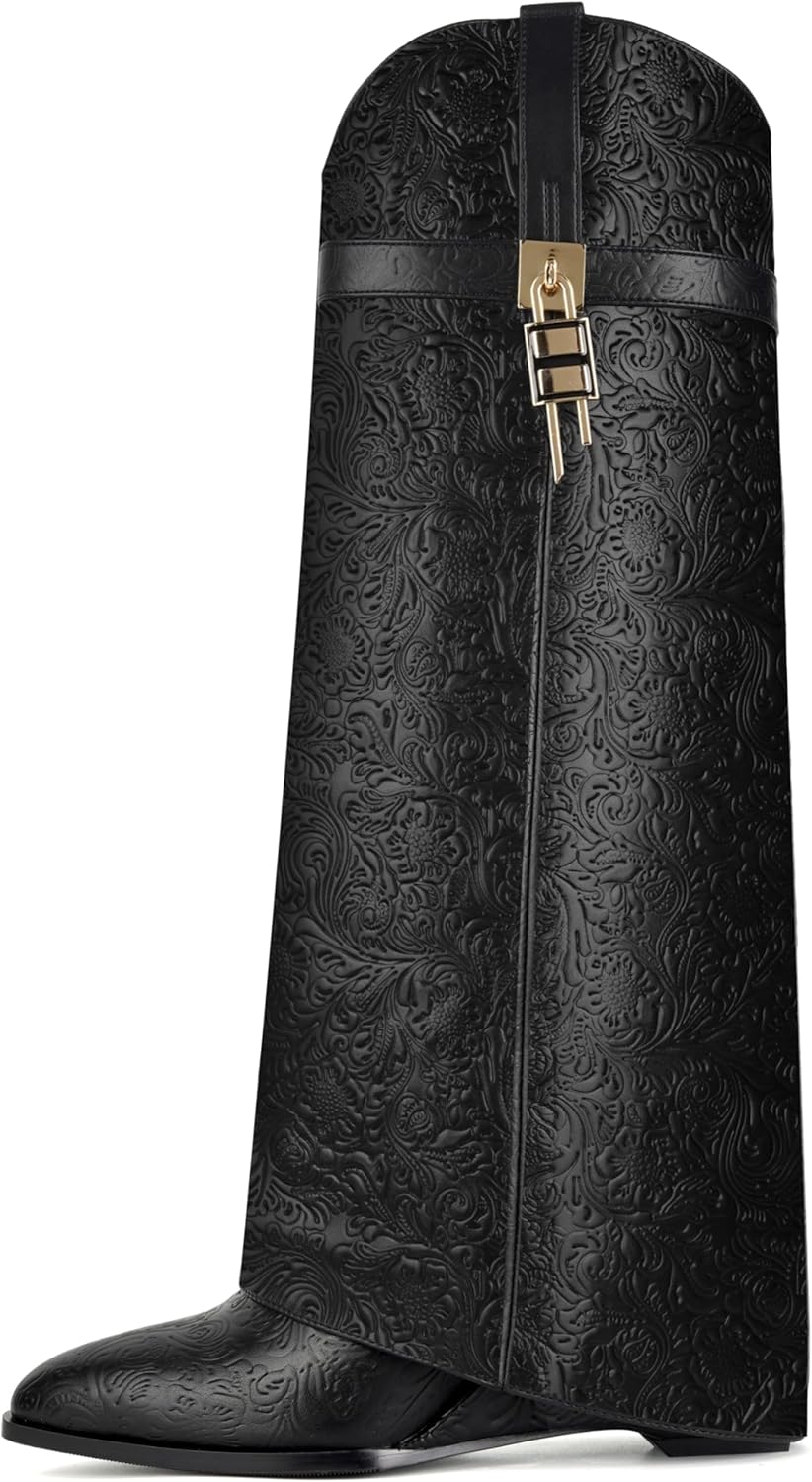 Fold Over Boots for Women with Pointy Pull-on Wedge Heel Design