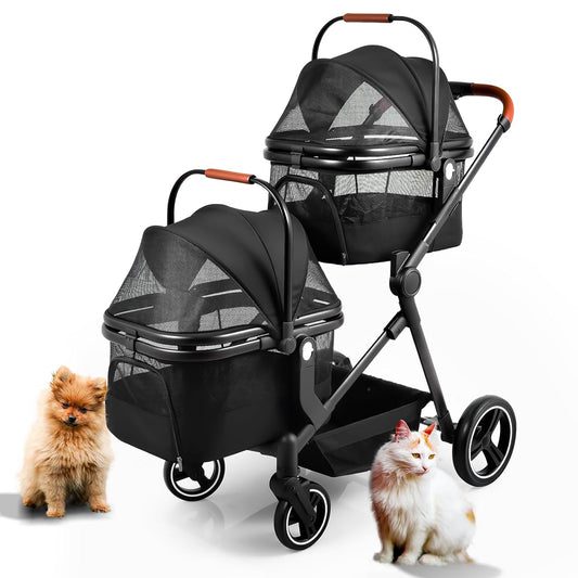 Foldable Double Pet Stroller for 2 Small Medium Pets with Comfort