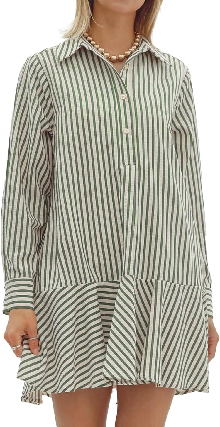 Womens Striped Shirt Mini Dress with Ruffle Hem for All Occasions