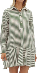 Womens Striped Shirt Mini Dress - Ruffle Hem Collared Swing Dress