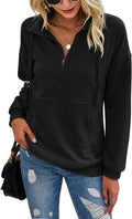 Women's Casual Long Sleeve Lapel Zipper Sweatshirt - Loose Drawstring