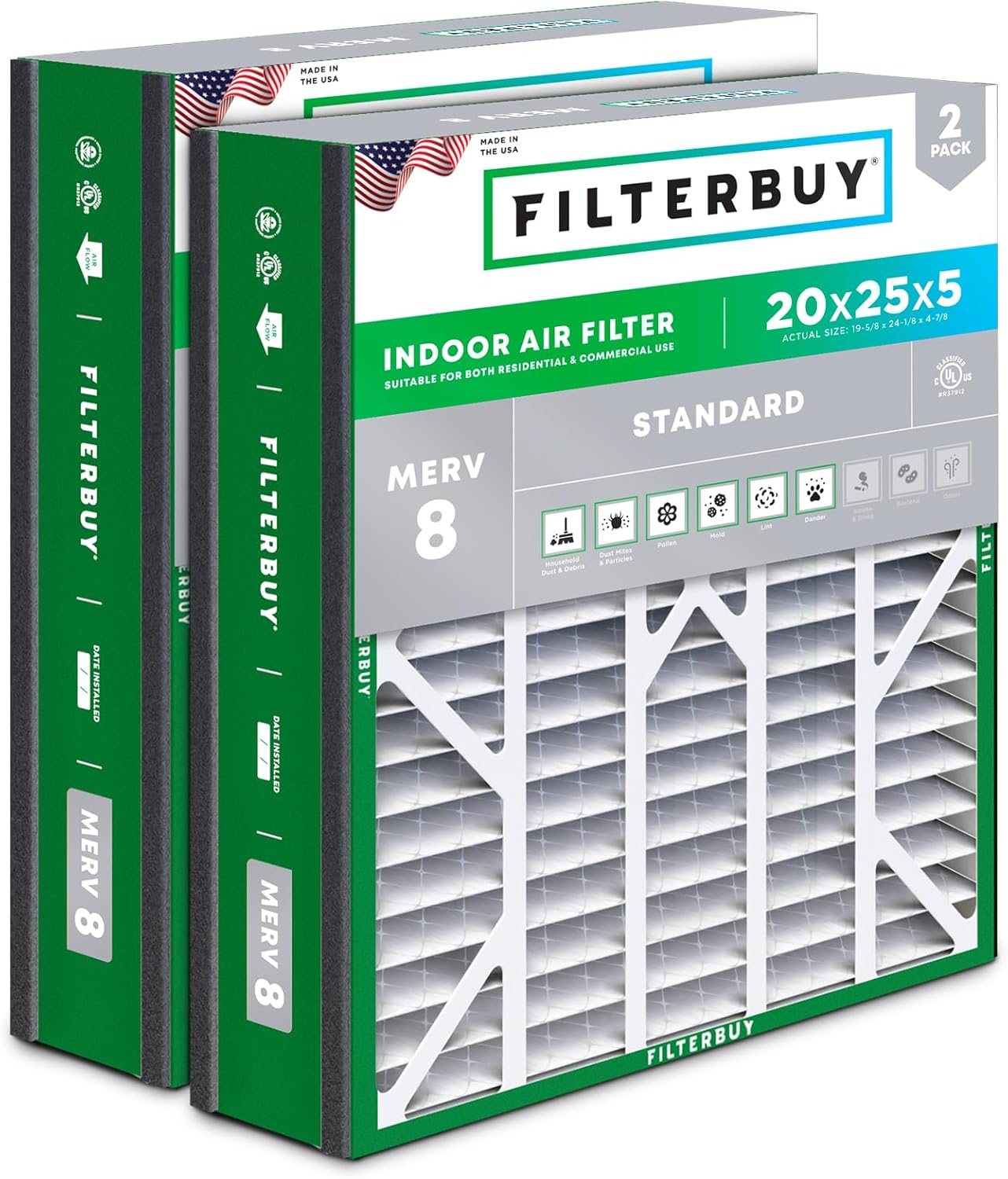 Filterbuy 20x25x5 Air Filter MERV 8 for Dust & Allergy Defense