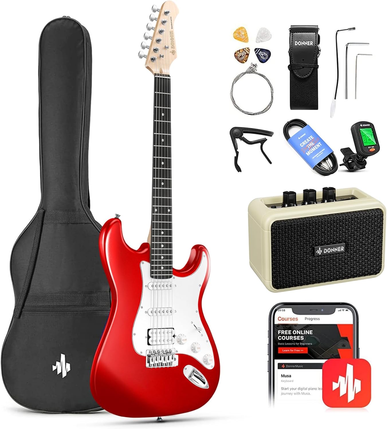 Beginner's Red Electric Guitar Kit w/ Lessons & Amp