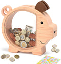 Wooden Piggy Bank for Boys Kids Girls - Clear Large Unbreakable Pig