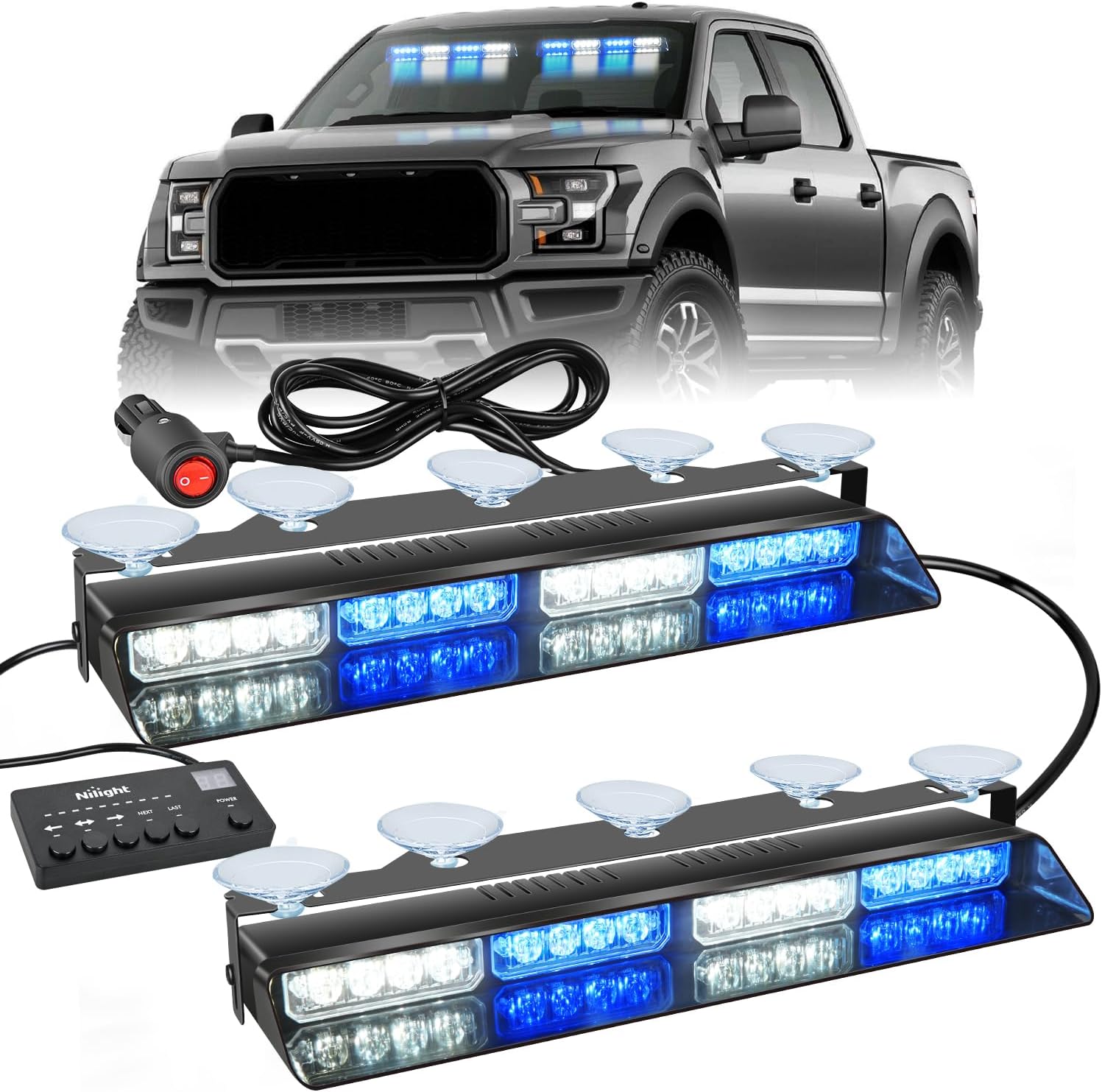 Nilight 32LED Blue White Emergency Strobe Lights for Vehicles