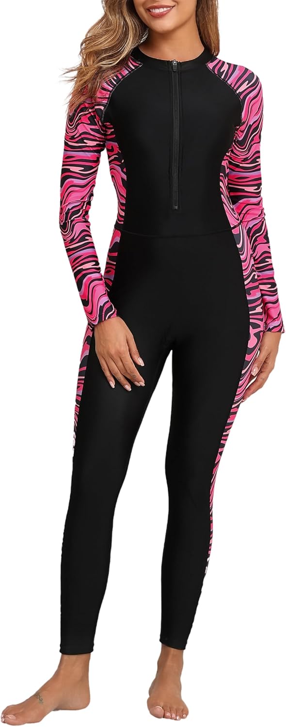 Womens Full Body Zip Front Rash Guard One Piece Bathing Suit