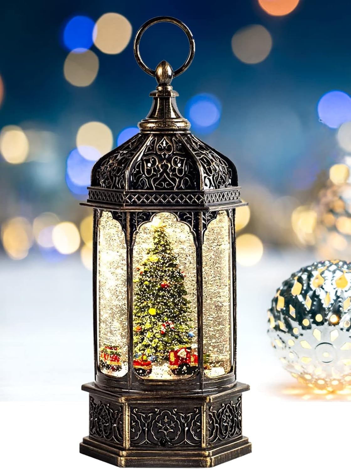 Musical Christmas Tree Snow Globe with Rotating Trains and Music