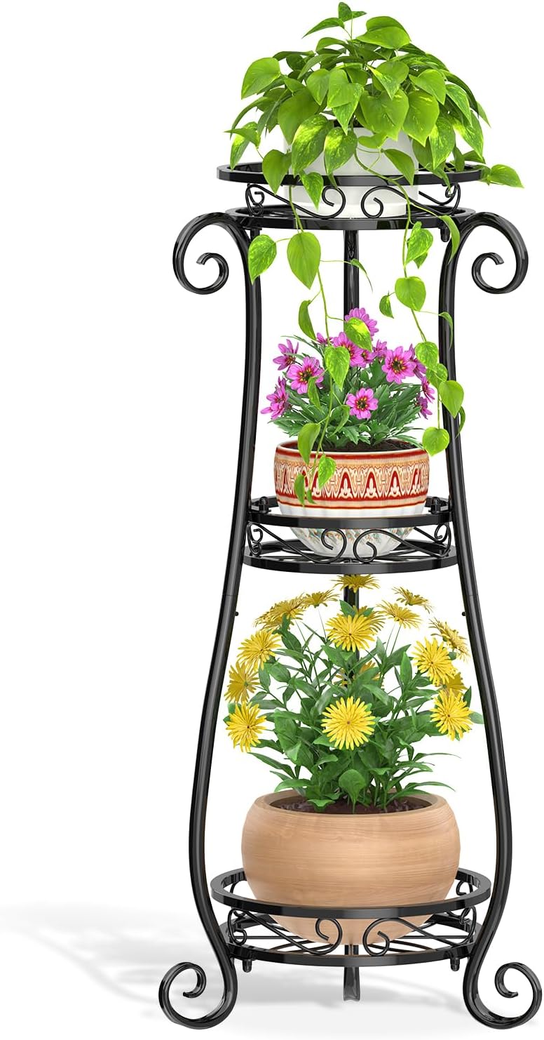 LASZOLA 3 Tier Black Metal Plant Stand for Indoor Outdoor Use