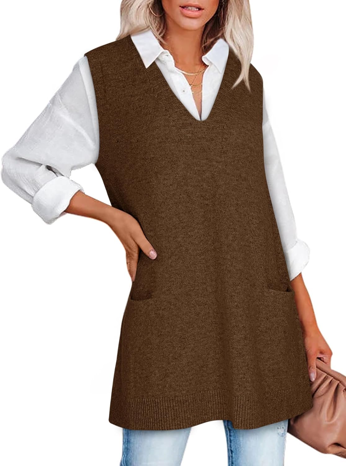 Stylish Oversized V Neck Sweater Vest for Women with Pockets