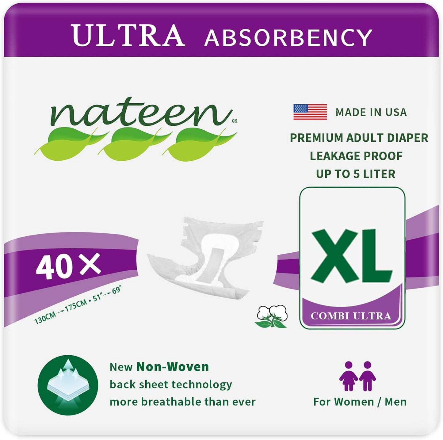 Nateen Ultra Absorbent Adult Diapers XL, 40-Count