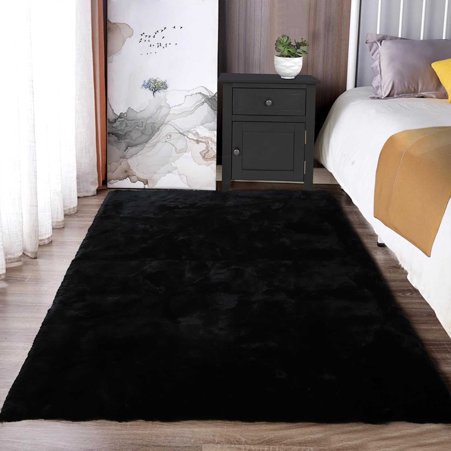 Fluffy Black Faux Rabbit Fur 3x5 Area Rug for Living Room