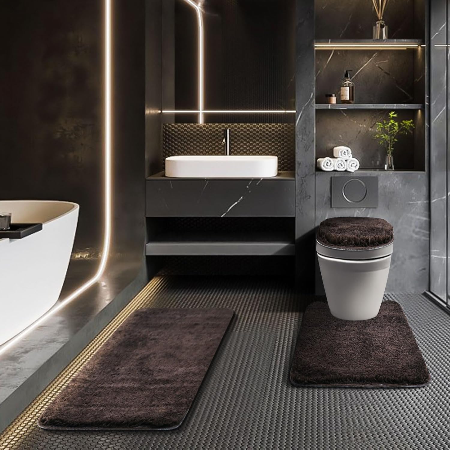 Bathroom Rugs Sets 3 Piece with Adjustable Toilet Seat Cover