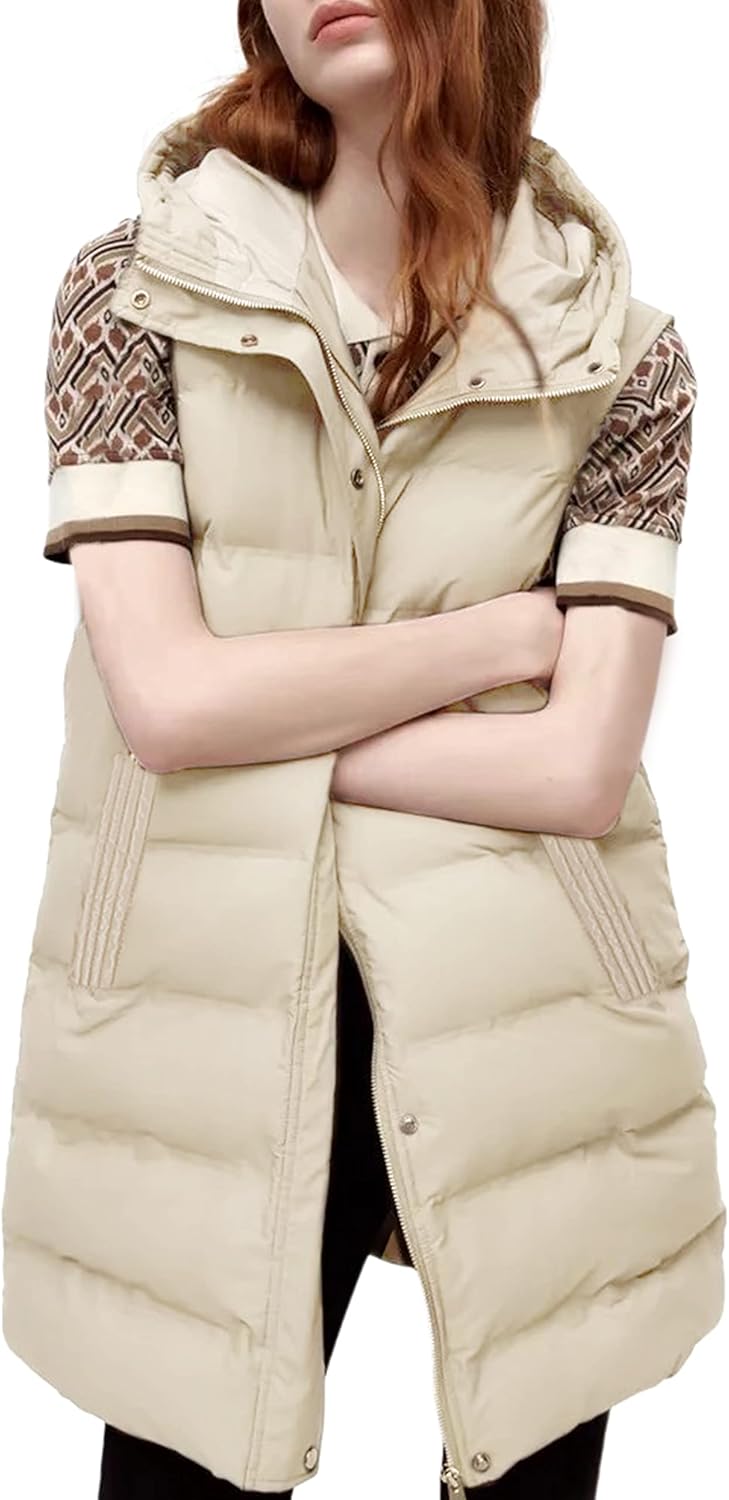Long Puffer Vest for Women - Casual Sleeveless Puffy Jacket