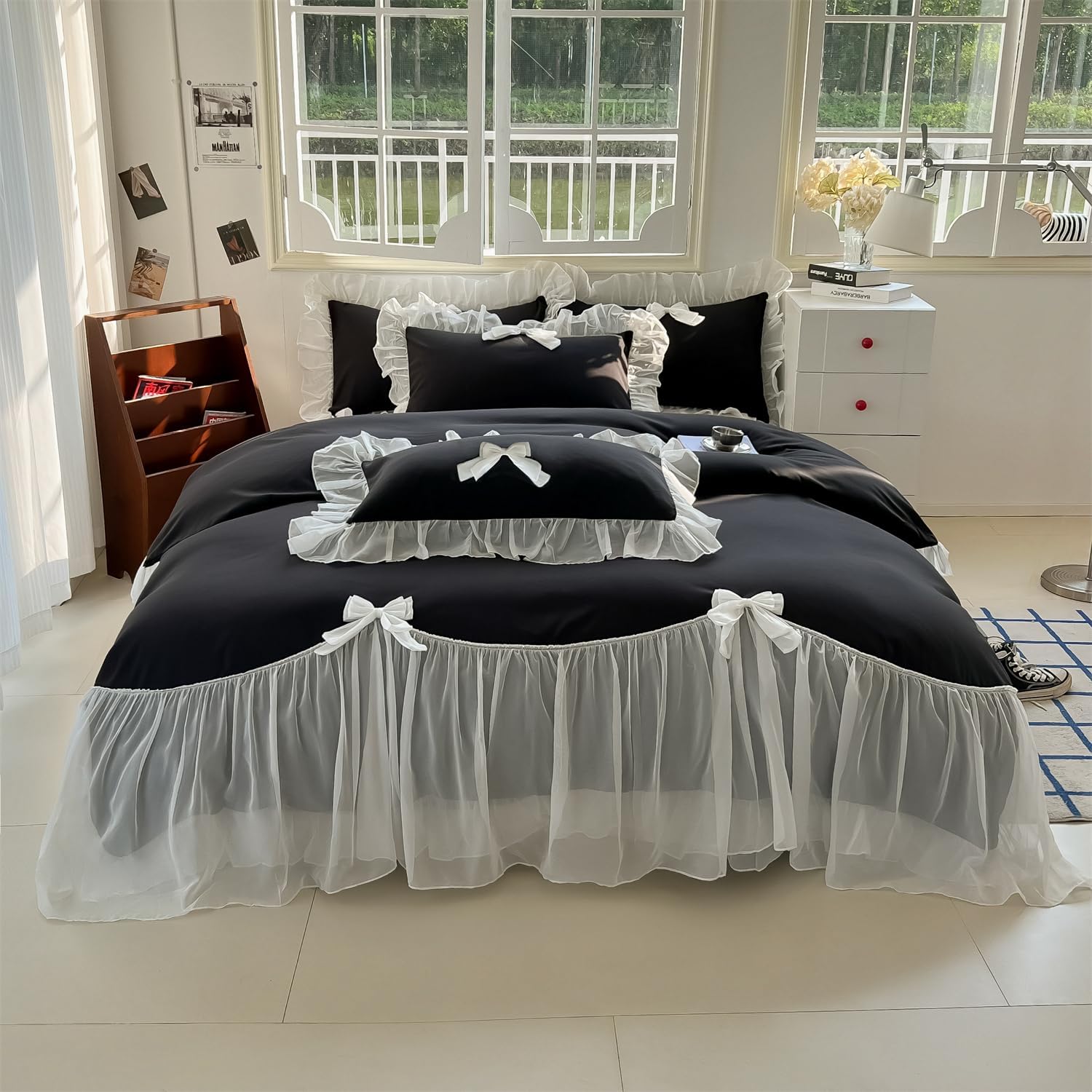 Girls Lace Bedding Queen Comforter Cover Set with Ruffles