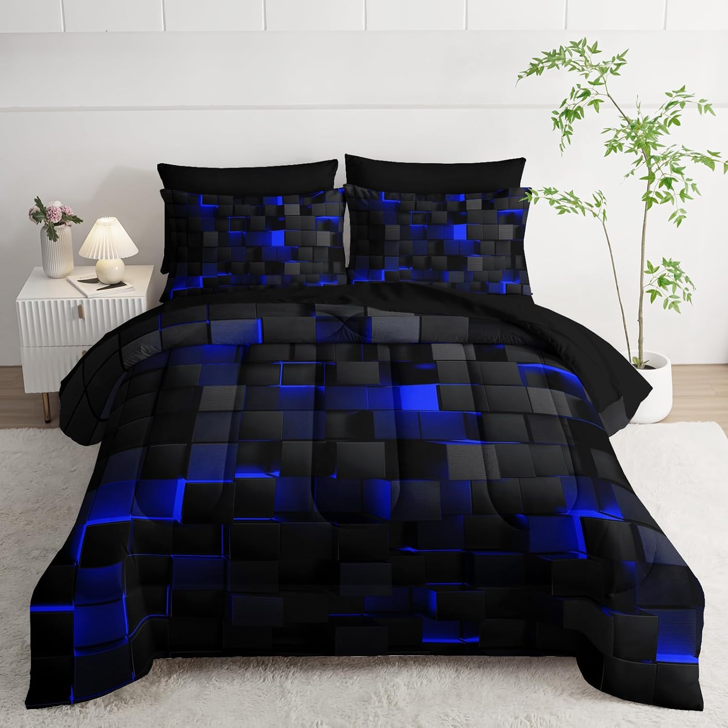Geometric Blue Black Full Comforter Set for Stylish Bedrooms