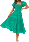 Square Neck Smocked Midi Dress - Flattering Summer A-Line Tiered Dress