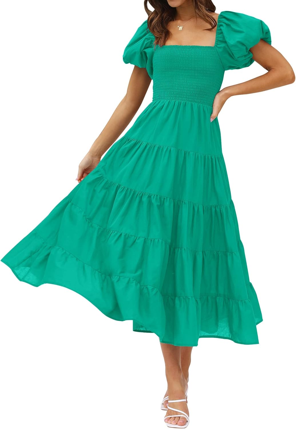 ZESICA Women's Summer Square Neck Puff Sleeve Midi Dress