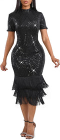 Cololura Elegant Women Sequin Tassel Bodycon Midi Dress - Formal Fit