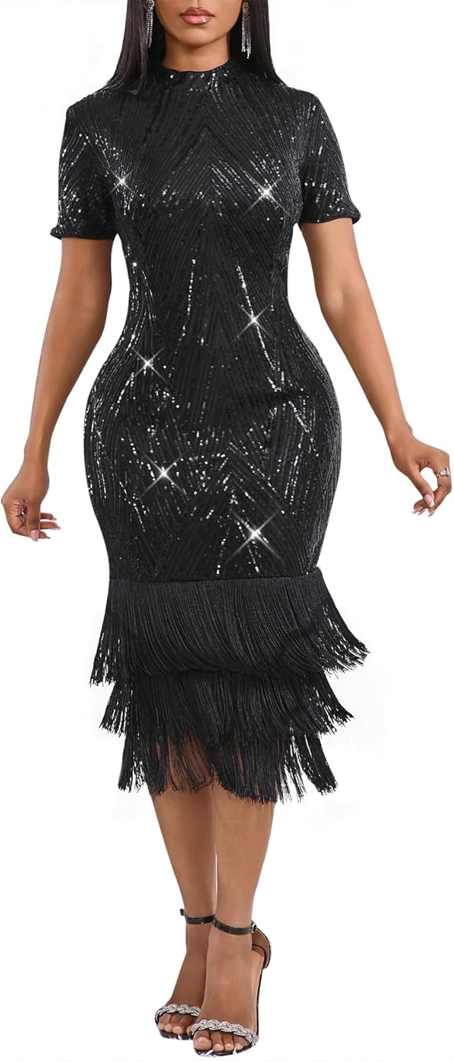 Elegant Women Sequin Short Sleeve Tassel Bodycon Midi Dress