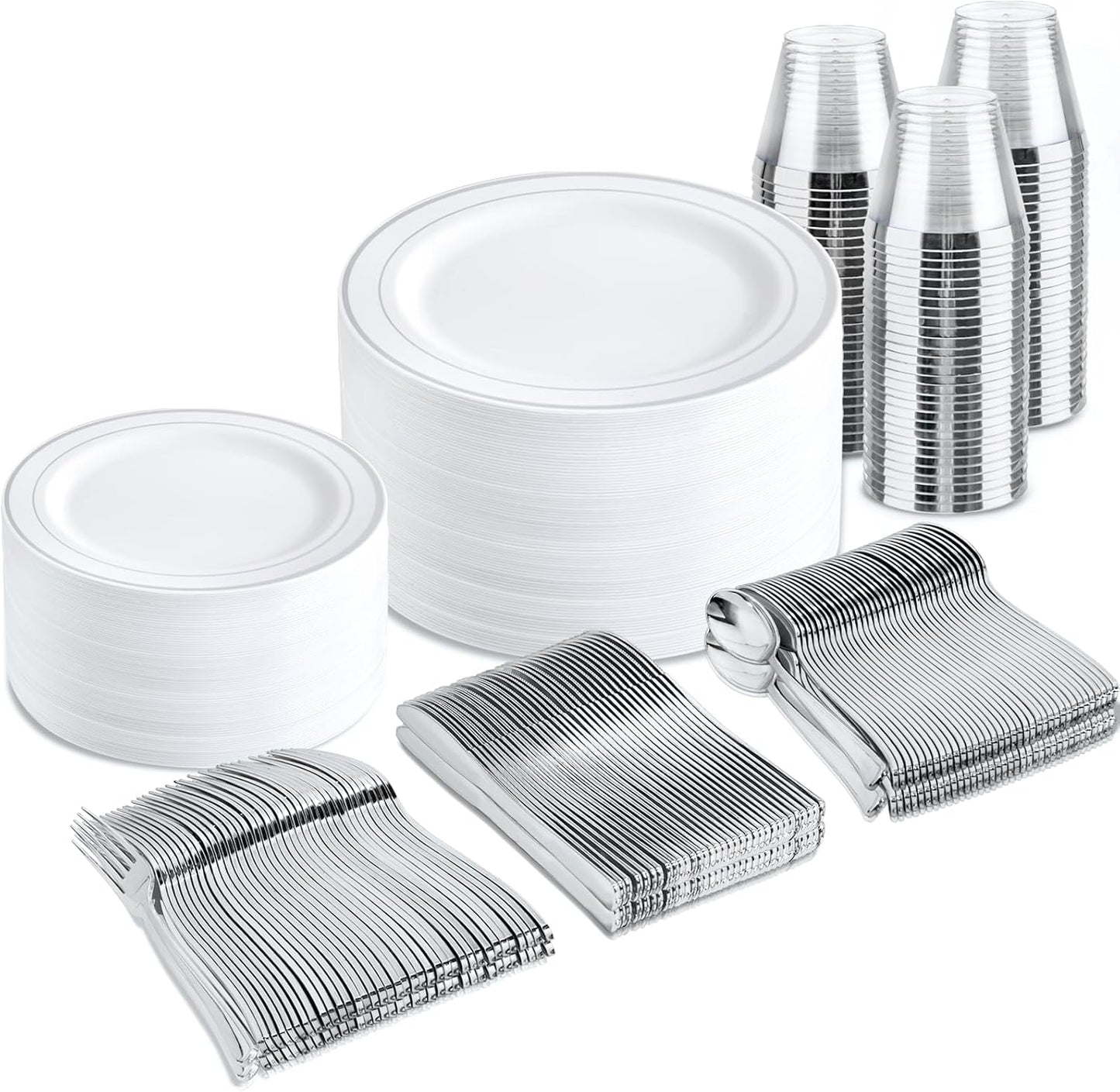 bUCLA 300PCS Silver Disposable Plastic Dinnerware Set for Events