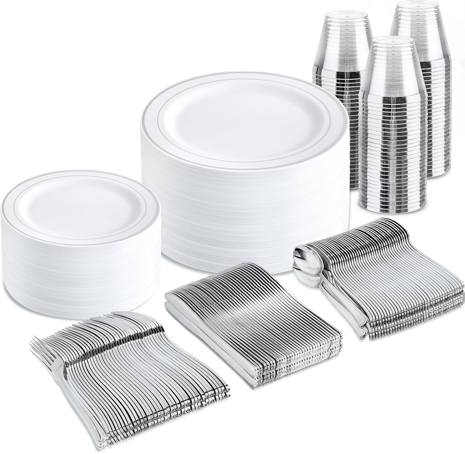 bUCLA 300PCS Silver Disposable Plastic Dinnerware Set for Events
