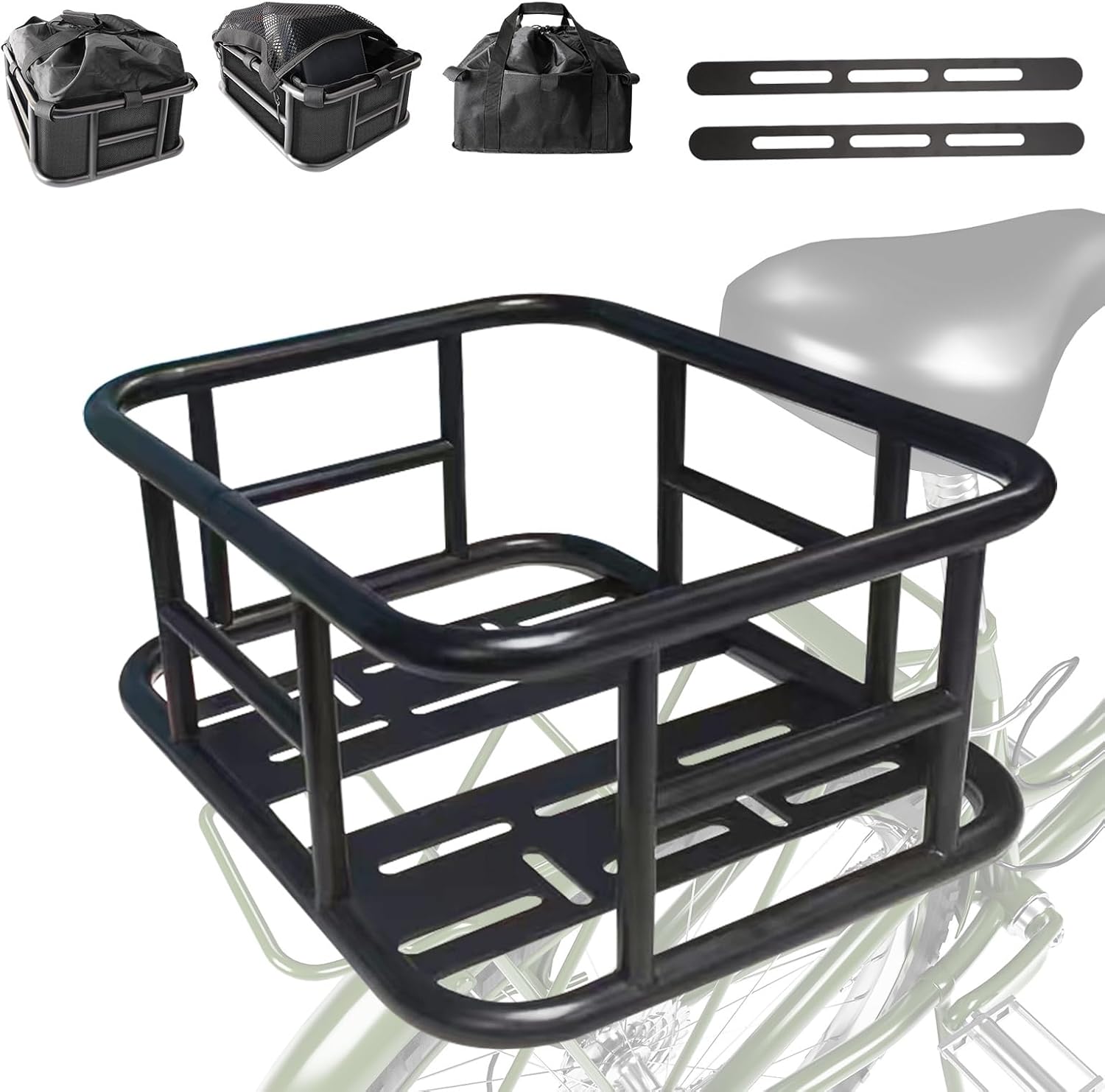 Heavy Duty Rear Bicycle Basket with Waterproof Cover and Liner