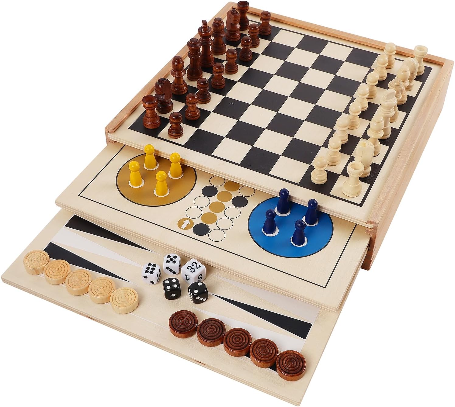 Juegoal 7-in-1 Wooden Board Game Set for Family Fun and Travel