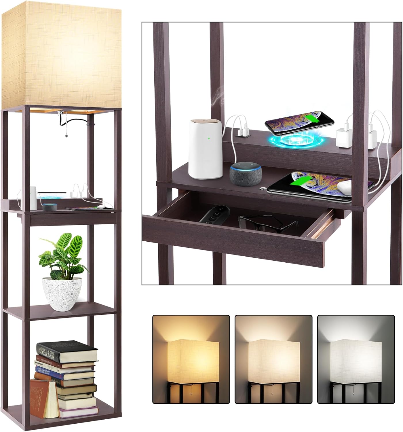 RUNTOP Floor Lamp with Shelves and Wireless Charging Station