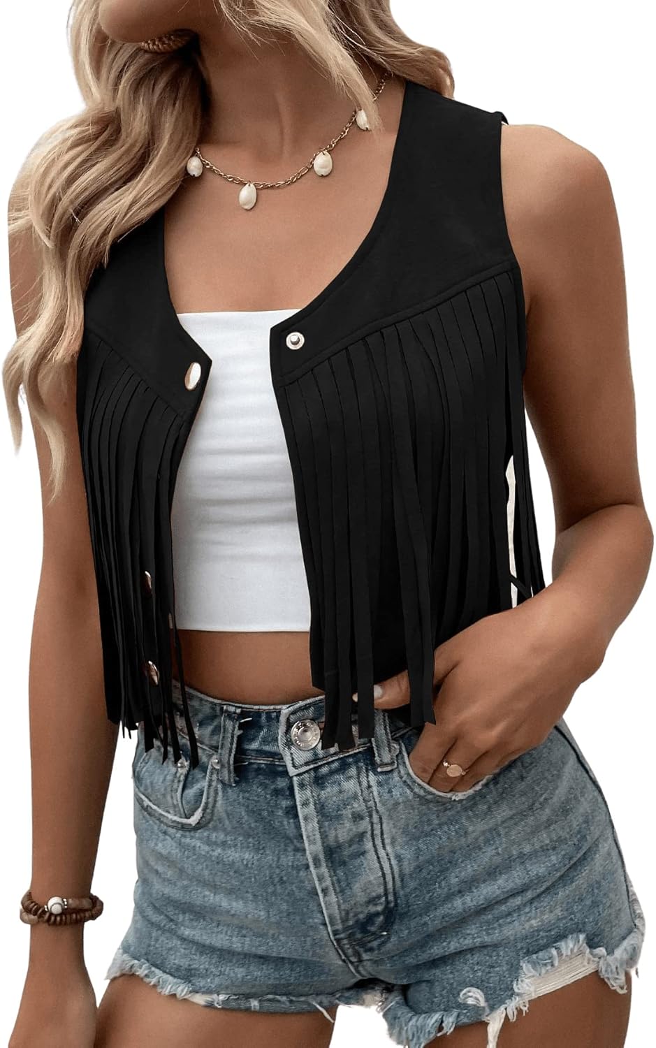 Stylish Suede Fringe Trim Sleeveless Crop Vest Jacket for Women