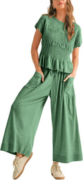 Womens Smocked Top and High-Waisted Wide-Leg Pants Set - Cozy Lounge