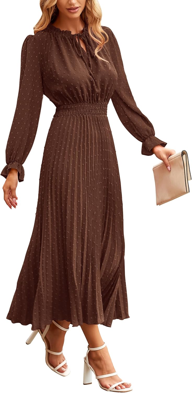 PRETTYGARDEN Women's Midi Dress: Elegant Swiss Dot Long Sleeve