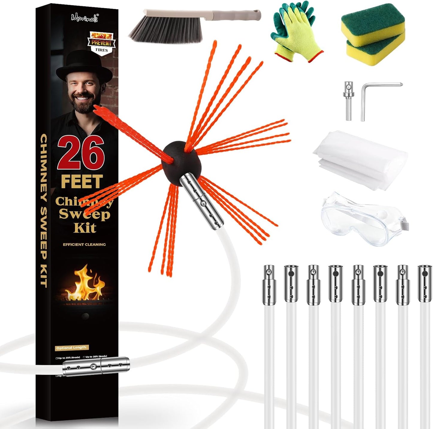 26 Feet Chimney Sweep Kit with Chrome Button Locking System