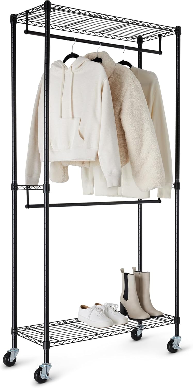 Adjustable Double Hanging Rod Garment Rack with Wheels for Organizing