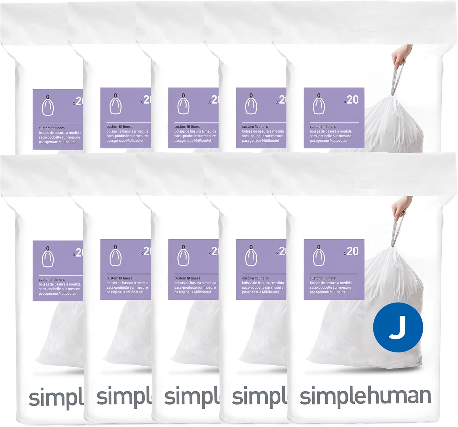 simplehuman Code J 200 Count Custom Fit Liners for Trash Cans