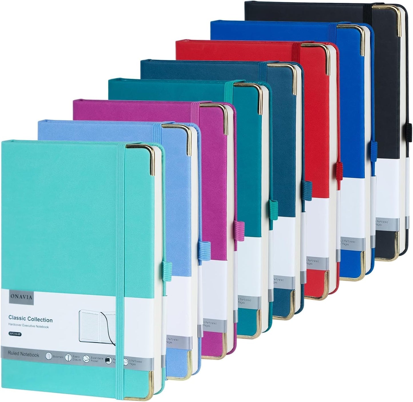 ONAVIA A5 Journal 8-Pack - 100 GSM Thick Paper, PU Leather, Ruled for Writing & Travel