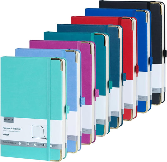 ONAVIA A5 Journal 8-Pack - 100 GSM Thick Paper, PU Leather, Ruled for Writing & Travel