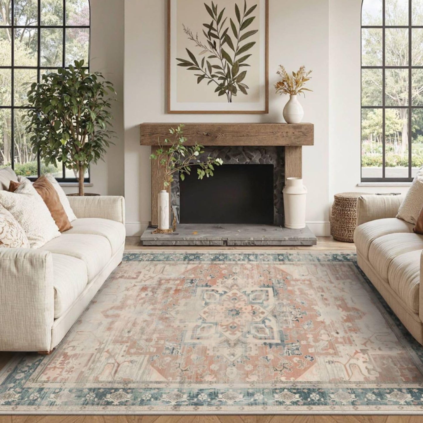 4X6 Washable Area Rug for Living Room, Boho Vintage Design