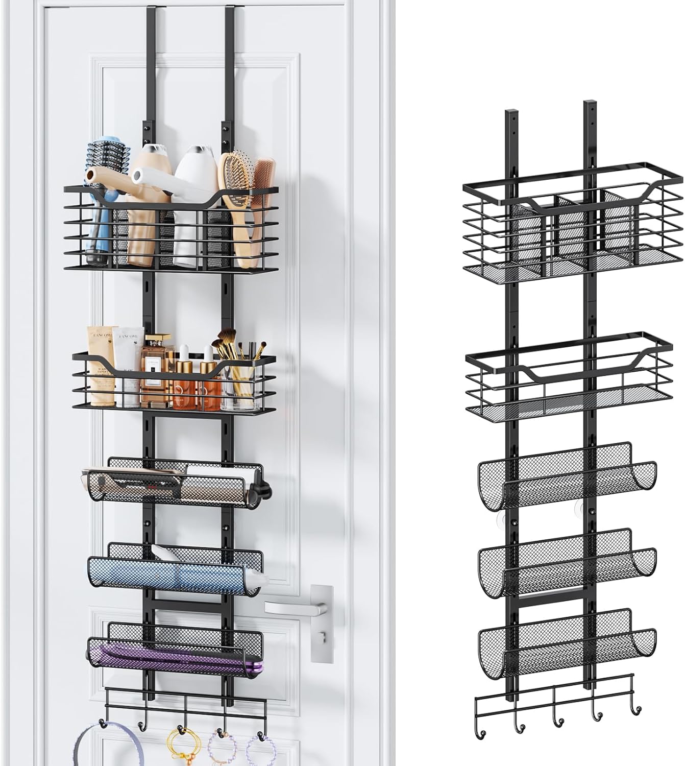 6-Tier Hair Tool Organizer - Over-The-Door/Wall Mount - DIY Adjustable Shelf - Stylish Black