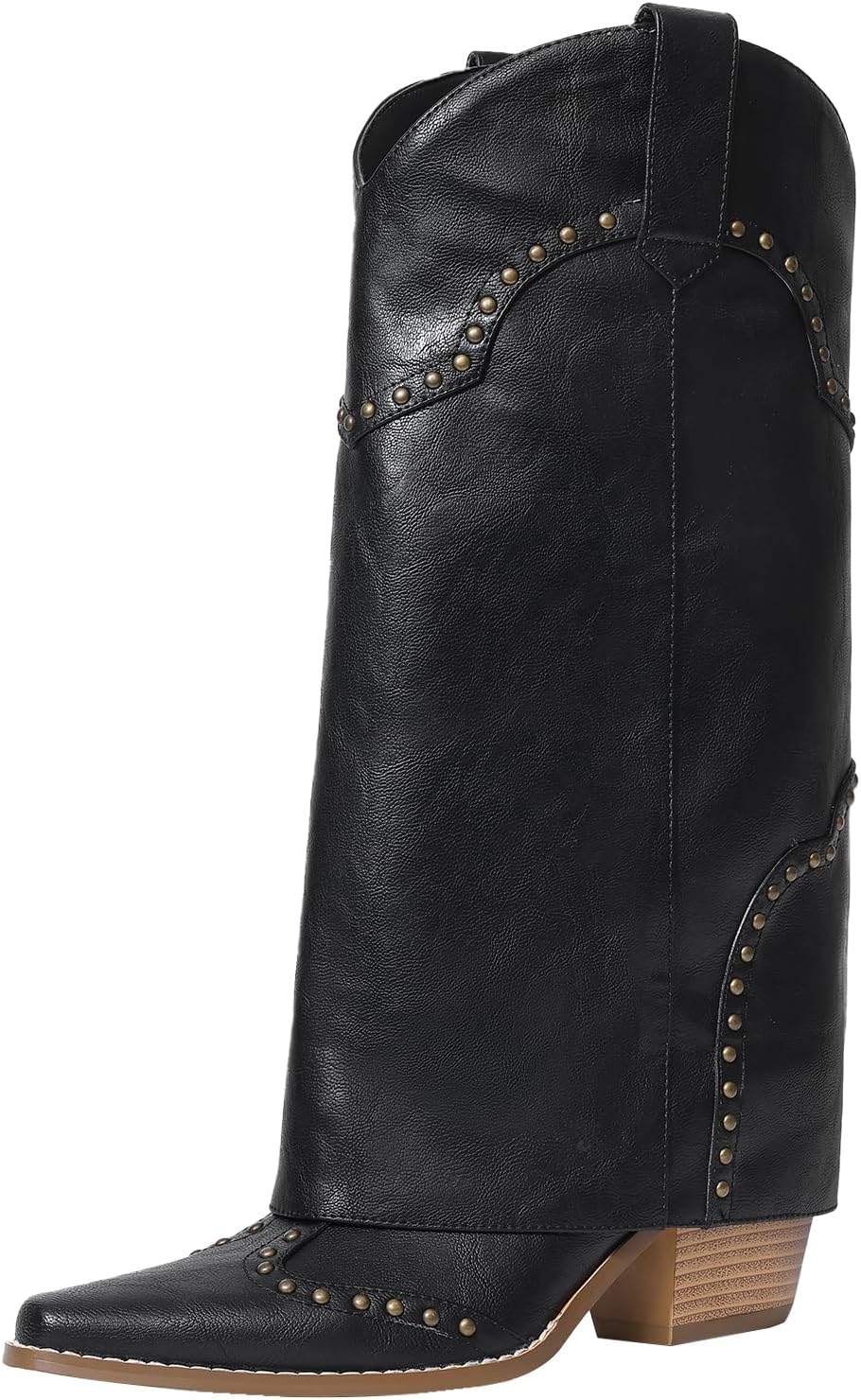 Women Shark Boots Fold Over Mid Calf Chunky Heel Snip Toe Style