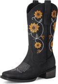 Cowboy Boots for Women Mid Calf Sunflower Floral Embroidered Boots