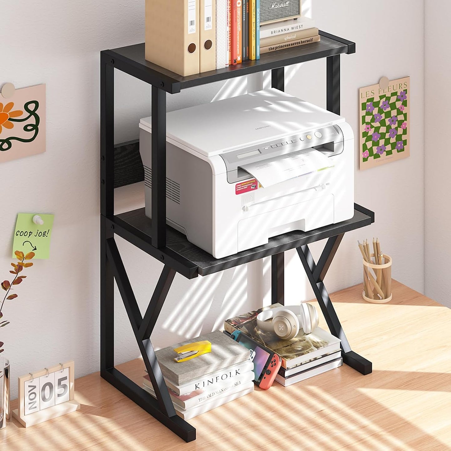 aboxoo Desktop Printer Stand with 3 Tier Wood Storage Shelves