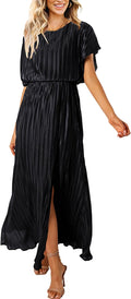 Summer Maxi Dress for Women Pleated Short Sleeve - Elegant Slit
