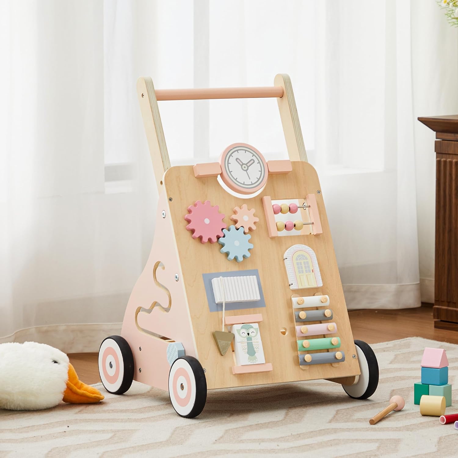 Wooden Baby Walker with Adjustable Height and Speed for Girls