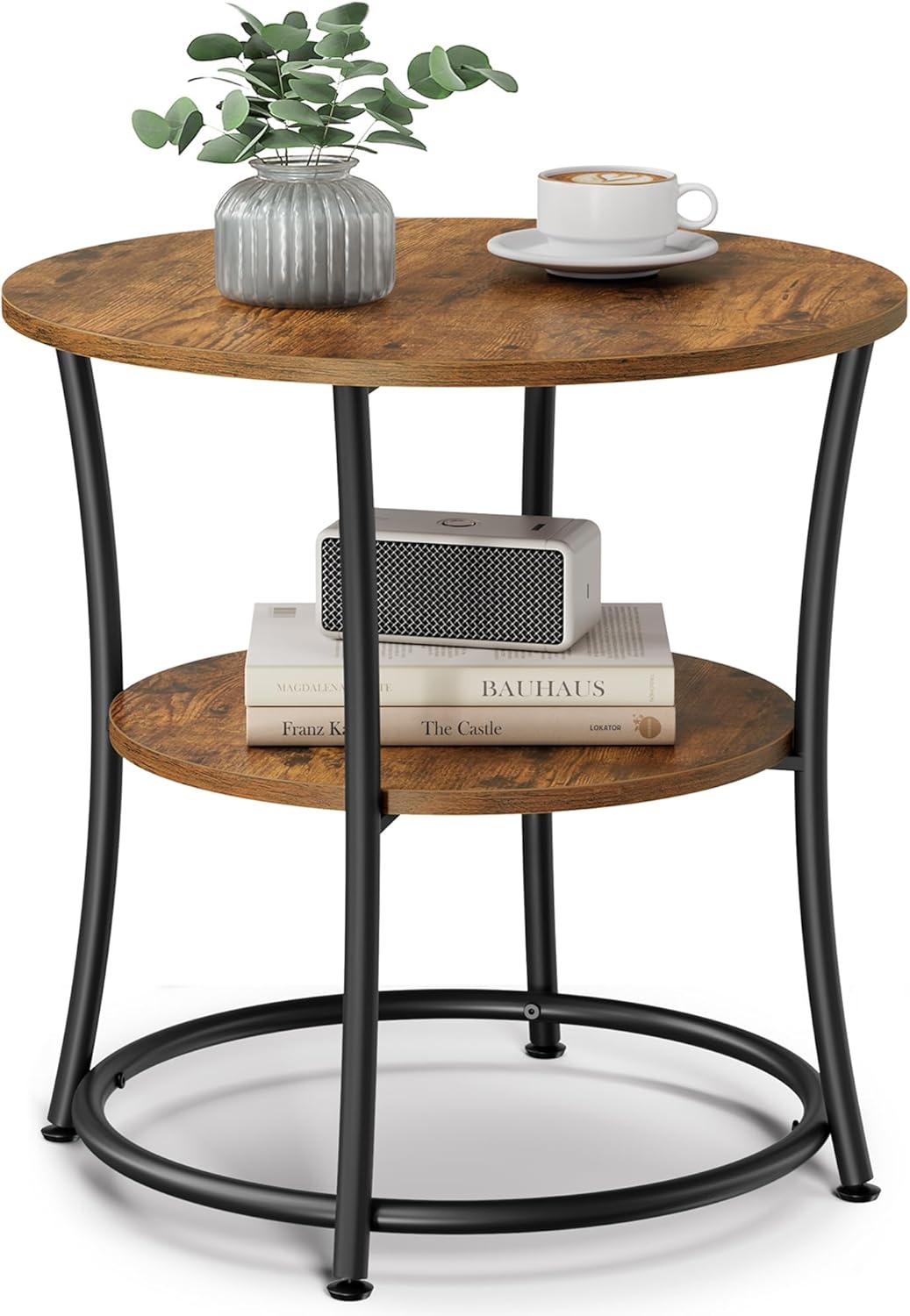 VASAGLE Round Side Table with 2 Shelves, Space-Saving Steel Frame, Rustic Brown