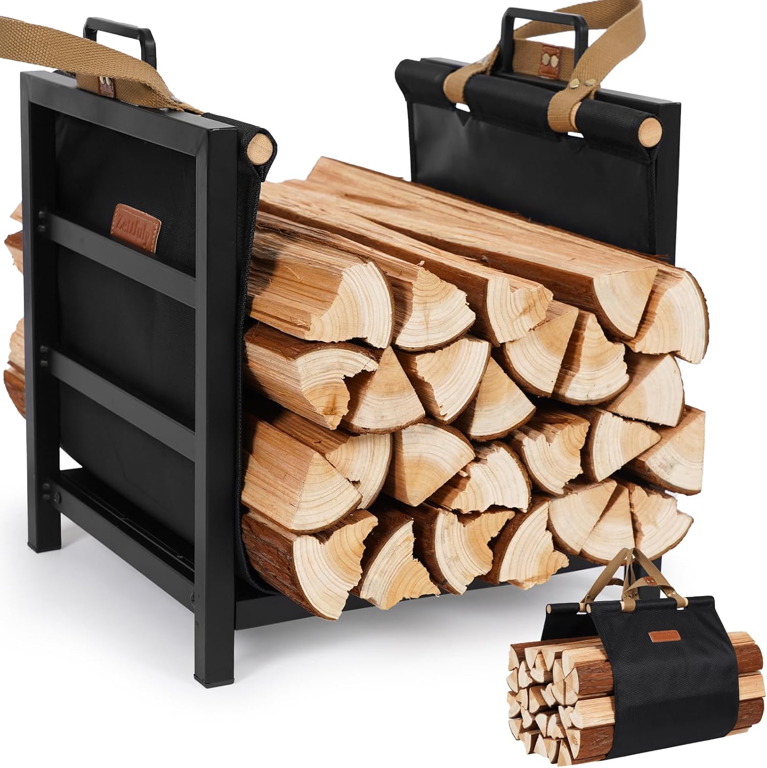 Firewood Rack Indoor Outdoor with Carrier for Easy Transport