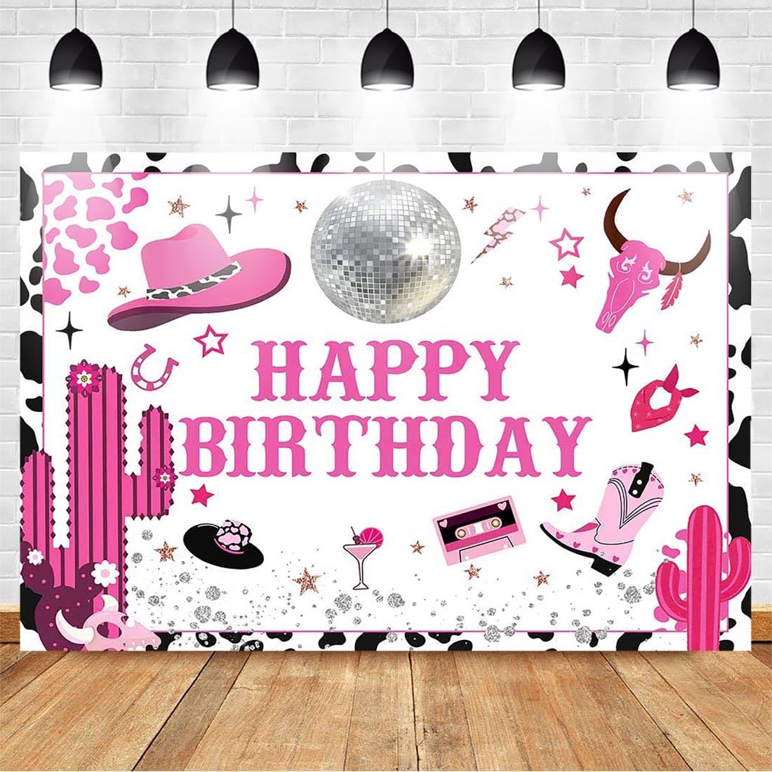 Avezano Disco Cowgirl Happy Birthday Backdrop for Parties