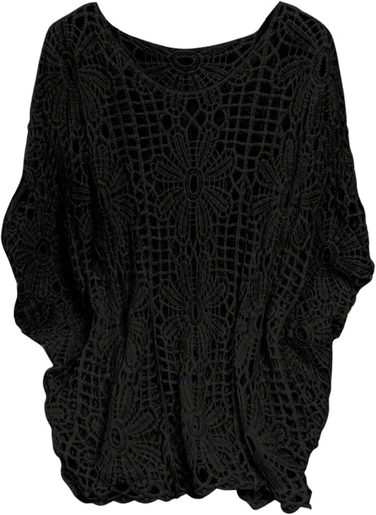 Plus Size Boho Tops Crochet Sweater for Beach Cover Up