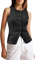 Womens Button Down Denim Vest Top - Sleeveless Fitted Jean Waistcoat