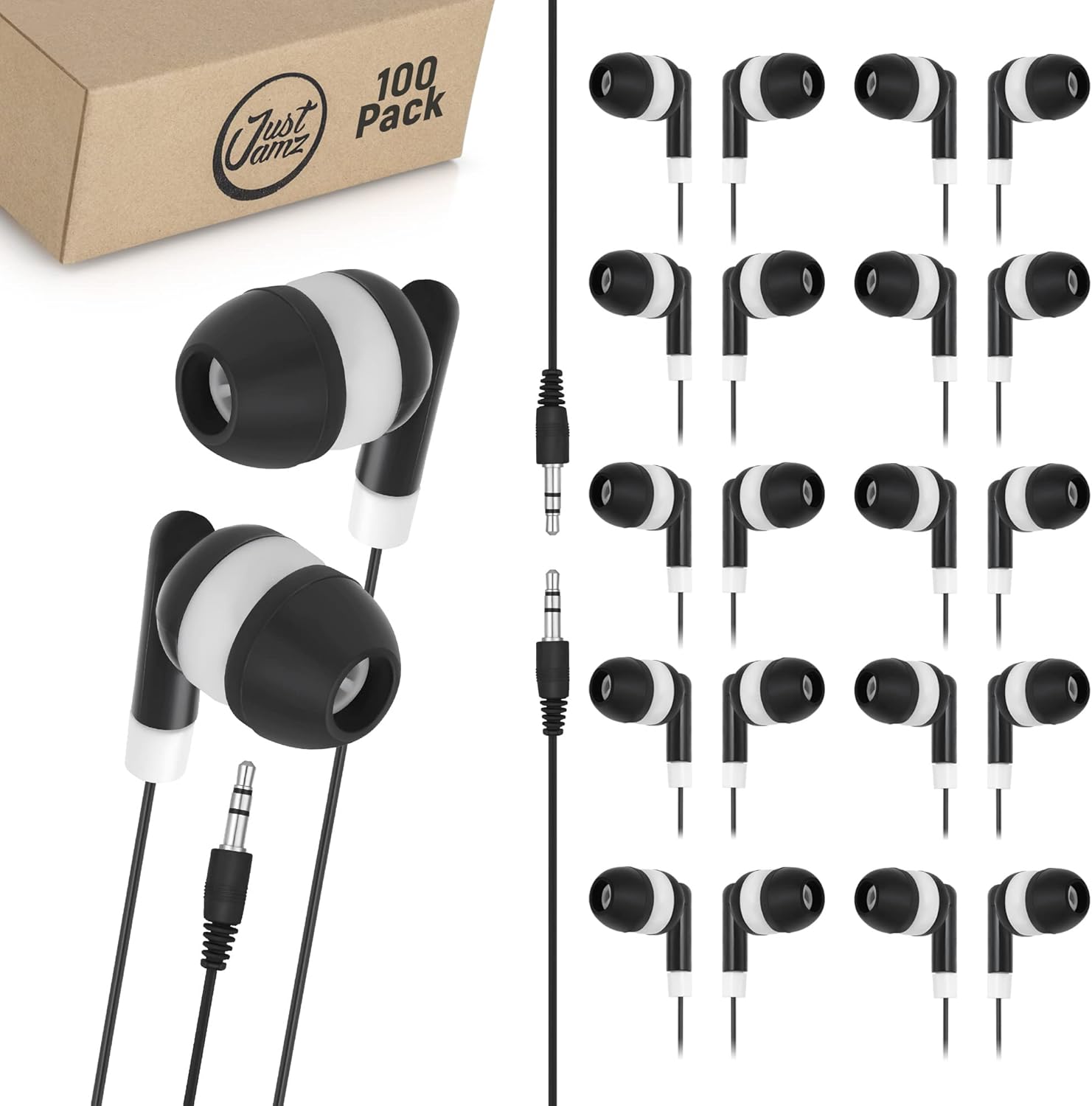 JustJamz Bulk Earbuds 100 Pack - Perfect for Students and Kids